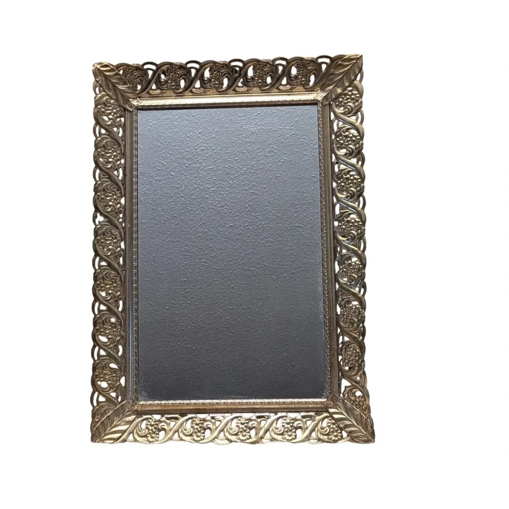 Vintage Gold Mirrored Vanity Tray Hollywood Regency Ornate Grape Filigree 13x9